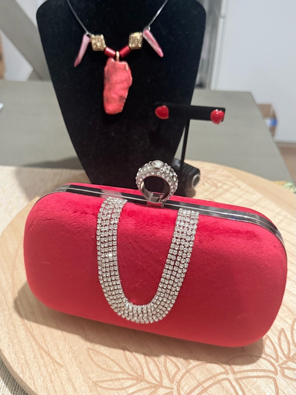 Velvet Rhinestone Ring Clutch in Red